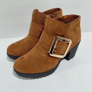 Forever Ankle Boots Women Brown Suede Side Zip Block Heel Buckle Detail Size 8.5